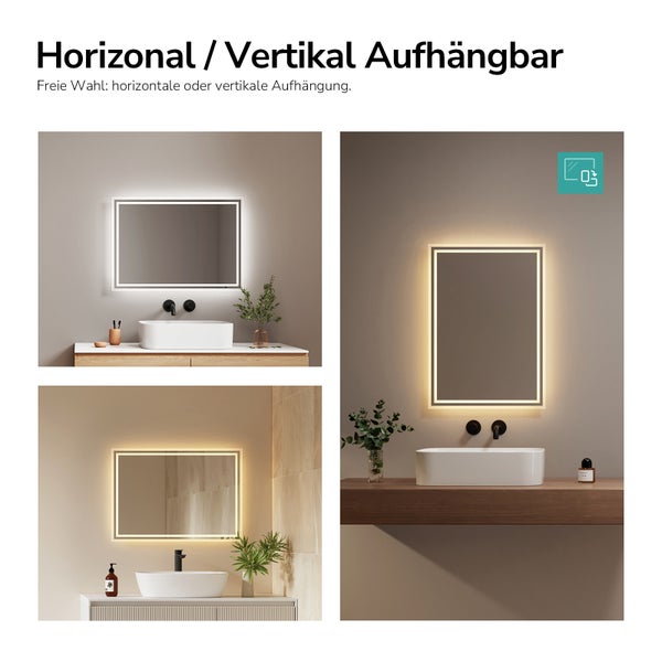 Badspiegel mit LED Beleuchtung, horizontal oder vertikal montierbar über einem Waschbecken in verschiedenen Badezimmern.