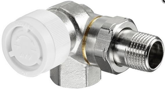 Thermostatventil in Eckform für Heizkörper mit weißer Baukappe aus Metall.