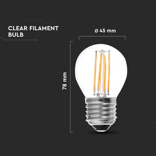Klare Filament Glühbirne mit den Maßen 45 mm Durchmesser und 78 mm Höhe.