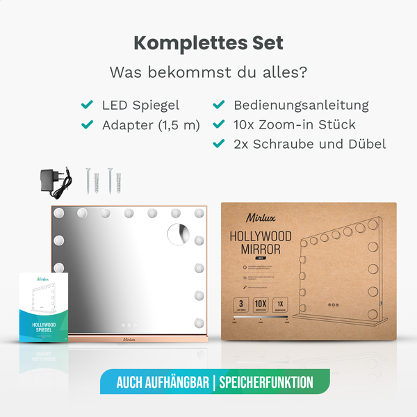 Mirlux Hollywood Make Up Spiegel LED-Beleuchtung - 10x Zoom - Aufhängbar - Rose Gold - 58x48cm