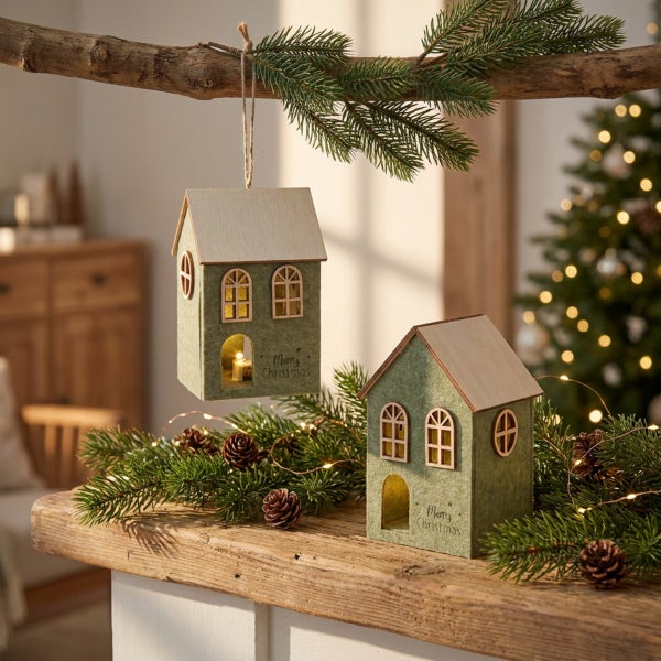 Zwei dekorative Weihnachtshäuser aus Filz und Holz, ein Haus hängend an einem Ast, eines auf einer Holzoberfläche mit Tannenzweigen und Zapfen.