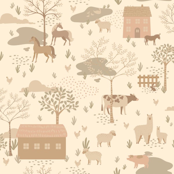 Illustration mit Bauernhoftieren und Häusern