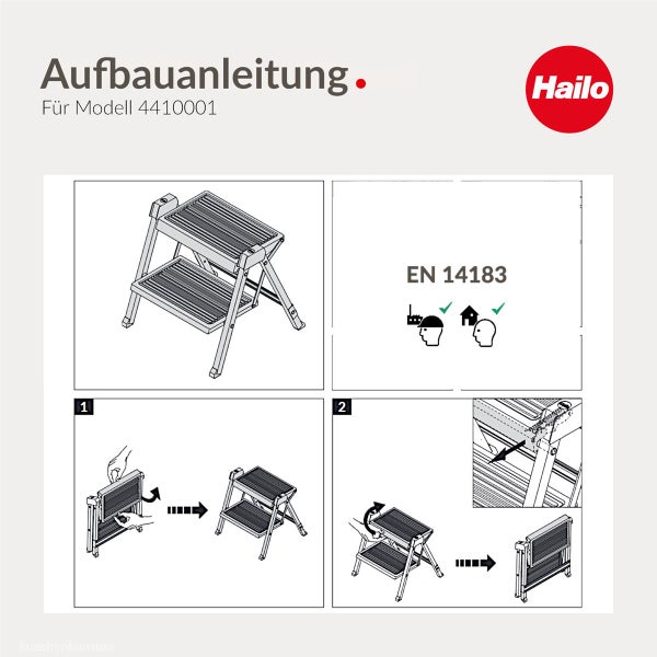 Aufbauanleitung für Hailo Klapptritt Modell 4410001 mit schematischer Darstellung der Klappfunktion und Norm EN 14183.