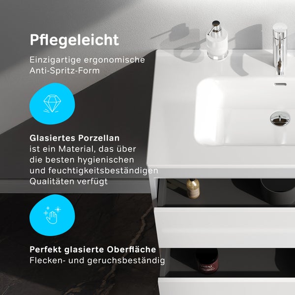 Waschtisch mit glasiertem Porzellanwaschbecken, ergonomischer Form, schmutzabweisender und feuchtigkeitsbeständiger Oberfläche.