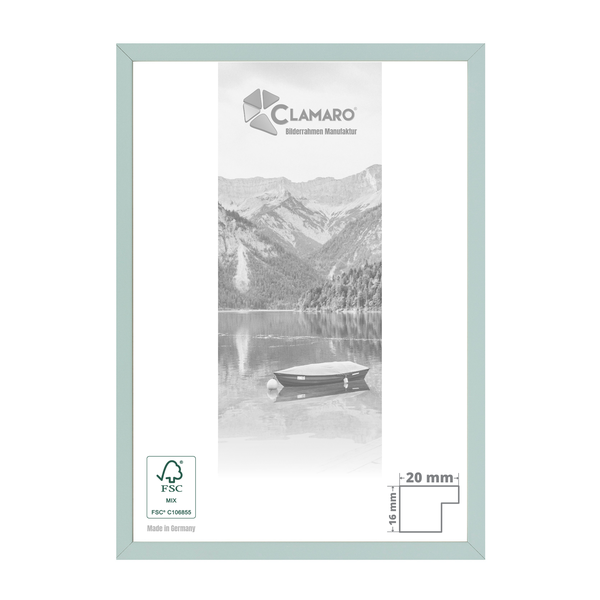 Bilderrahmen von Clamaro in Hellblau, Profilbreite 20 Millimeter, Tiefe 16 Millimeter, FSC Mix zertifiziert, hergestellt in Deutschland.