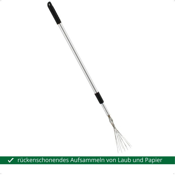Ein Laubgreifer mit langem Stiel für rückenschonendes Aufsammeln von Laub und Papier im Garten.