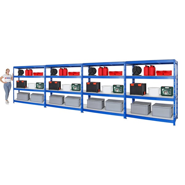 PROREGAL Mega Deal 4x Profi Schwerlastregal Rhino HxBxT 180 x 160 x 60 cm 4 Melamin-Ebenen 16mm Fachlast 500 kg Blau