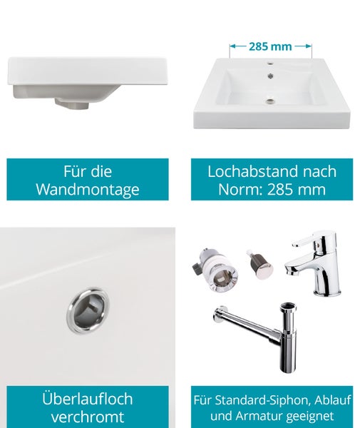 Calmwaters® Waschbecken Modern Square eckig in Weiß, aus hochwertiger Sanitär-Keramik mit Hahnloch und Überlauf zur Wandmontage, Hänge-Waschtisch mit Ablage, 60 x 45 cm groß, 05BC2364