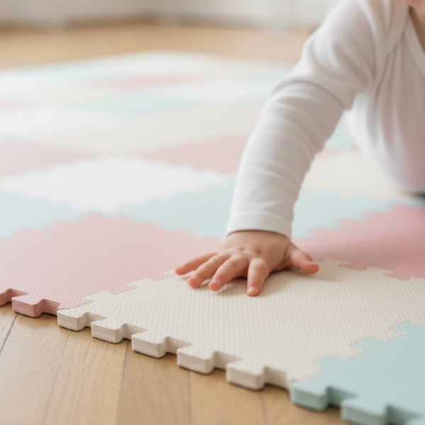 Weiche Schaumstoff-Puzzlematte für das Kinderzimmer mit strukturierter Oberfläche und einem krabbelnden Baby.