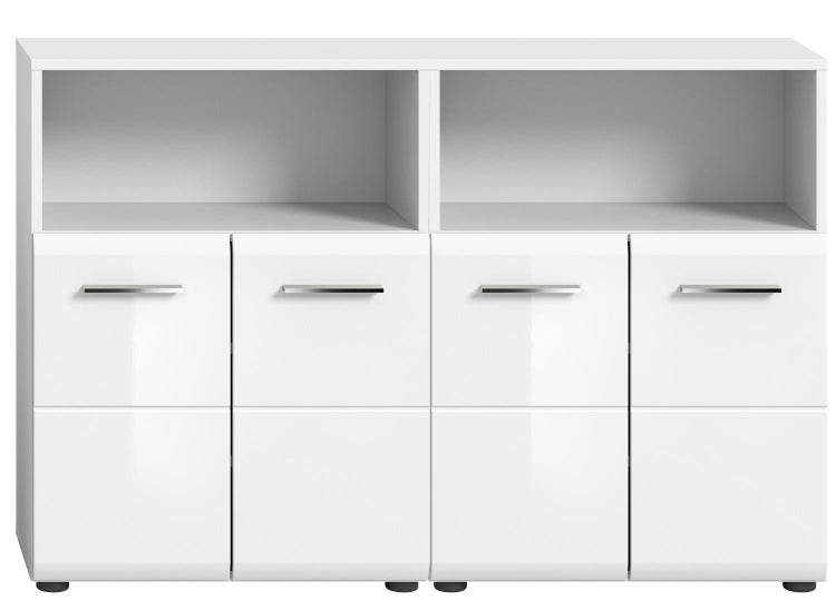 Sideboard in Weiß Hochglanz mit zwei offenen Fächern und vier Türen mit silbernen Griffen.