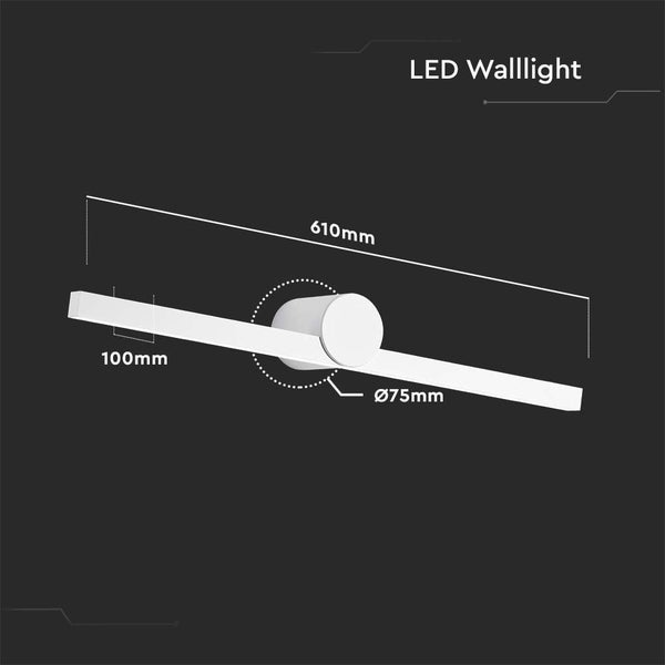 Abmessungen einer LED-Wandleuchte: 610 mm Länge, 100 mm Höhe, 75 mm Durchmesser