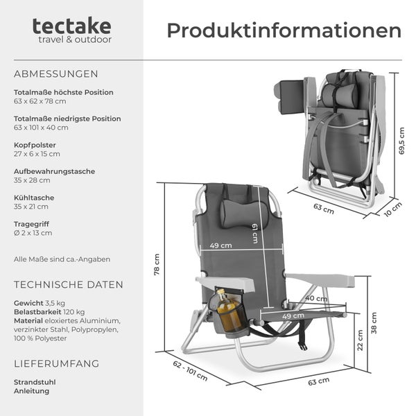 Strandstuhl tectake Coral rückseitige Kühltasche und Aufbewahrungstasche klappbar, mit Rucksackfunktion grau
