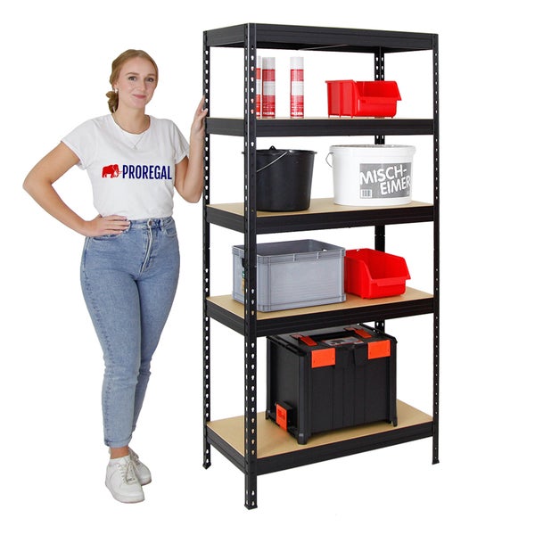 PROREGAL Schwerlastregal Rivet HxBxT 180 x 90 x 45 cm Fachlast 250 kg Innovatives Stecksystem Schwarz