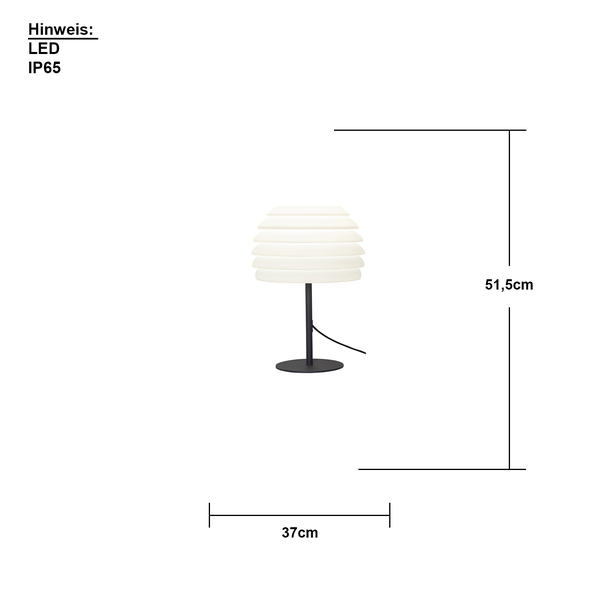Abbildung einer LED-Tischleuchte mit den Maßen 51,5 cm Höhe und 37 cm Breite. Schutzart IP65.