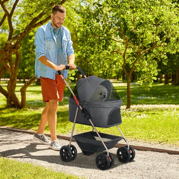 PawHut Hundewagen 3 in 1 Hundebuggy Faltbar Hundebox, klappbar Transporttasche mit Getränkehalter, Hunde Buggy, Katzenwagen mit 360° Räder Katzenbuggy für Mini Hunde unter 4 kg, Grau