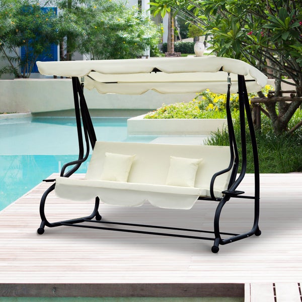 Outsunny Schaukelstuhl, 3-Sitzer, Dachwinkel, verstellbar, 200 x 120 x 164 cm, Stahl, Polyestergewebe Creme