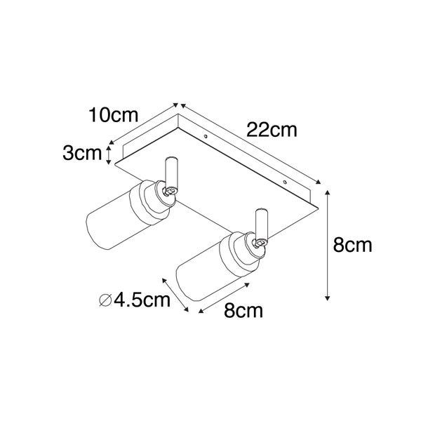Technische Zeichnung einer Deckenleuchte mit zwei Strahlern und Maßangaben