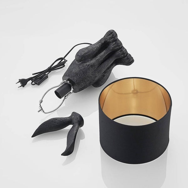 Lindby Tischlampe Hase Textil schwarz gold, Nachttischlampe Meister Lampe Tischleuchte ohne Leuchtmittel Schlafzimmerlampe Nachttischleuchte