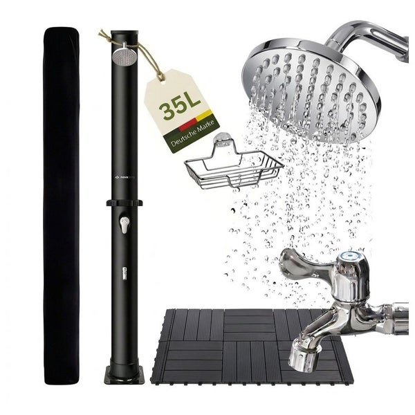 Solardusche Set mit 35 Liter Wassertank, Regenduschkopf, Fußbrause, Seifenablage, Bodenplatte und Schutzhülle. Deutsche Marke.