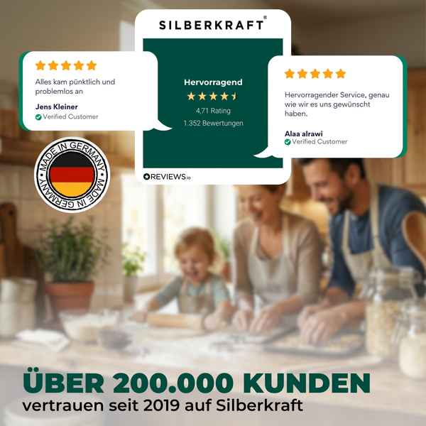 Über 200000 Kunden vertrauen seit 2019 auf Silberkraft: Kundenbewertungen und Made in Germany Siegel.