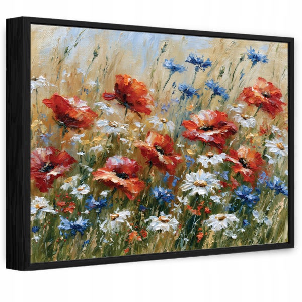 Wandbild mit Blumengemälde von Mohnblumen und Gänseblümchen in einem schwarzen Rahmen.
