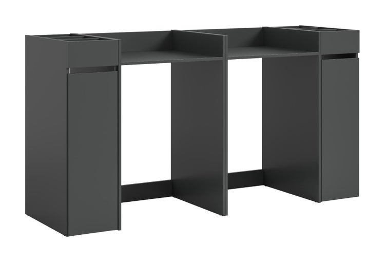 Ein Waschtischunterschrank mit zwei Türen und offenen Ablagefächern in modernem, funktionalem Design.