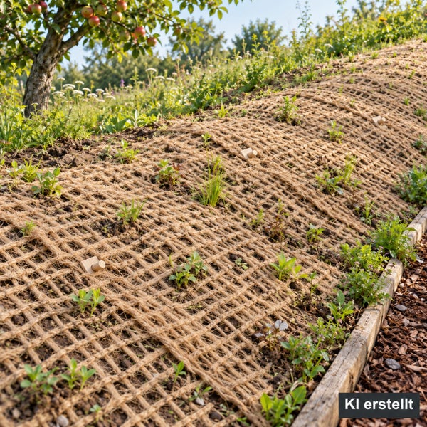 Böschungsmatte aus Jutegewebe zur Hangbefestigung und Erosionsschutz im Garten mit kleinen Holzpflöcken zur Befestigung am Boden.