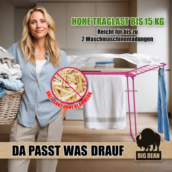 Frau mit Wäschekorb neben einem ausklappbaren Wäschetrockner mit einer Traglast von bis zu 15 Kilogramm von der Marke Big Dean Logo.