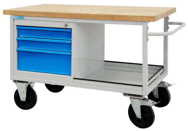 PROREGAL Mobile Werkbank Rhino mit Ablagefach 3 Schubladen HxBxT 83 x 130 x 60 cm Traglast 500 kg Lichtgrau Blau