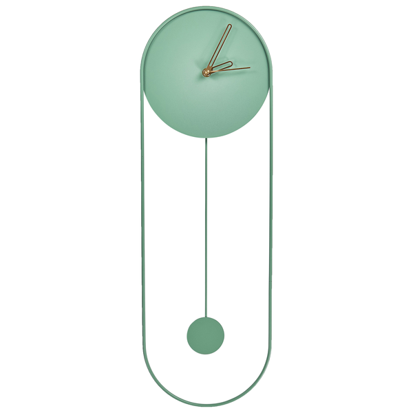 Moderne grüne Wanduhr mit Pendel, ovalem Metallrahmen, rundem Zifferblatt und goldenen Zeigern.
