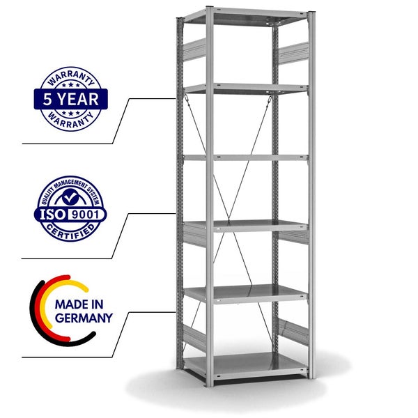 PROREGAL Fachbodenregal Stecksystem T-Profil Heavy-Duty Grundregal HxBxT 250 x 75 x 50 cm 6 Ebenen Fachlast 300 kg Einseitig Nutzbar Verzinkt