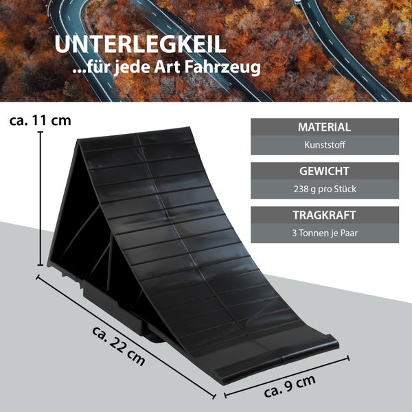 Schwarzer Unterlegkeil aus Kunststoff mit gerippter Oberfläche. Maße: Höhe circa 11 Zentimeter, Länge circa 22 Zentimeter, Breite circa 9 Zentimeter. Tragkraft 3 Tonnen pro Paar.