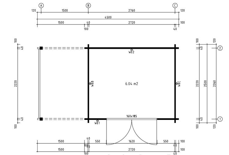 Technischer Grundrissplan für ein Gartenhaus mit 6,04 Quadratmetern Grundfläche inklusive Maßangaben für die Planung und den Aufbau.