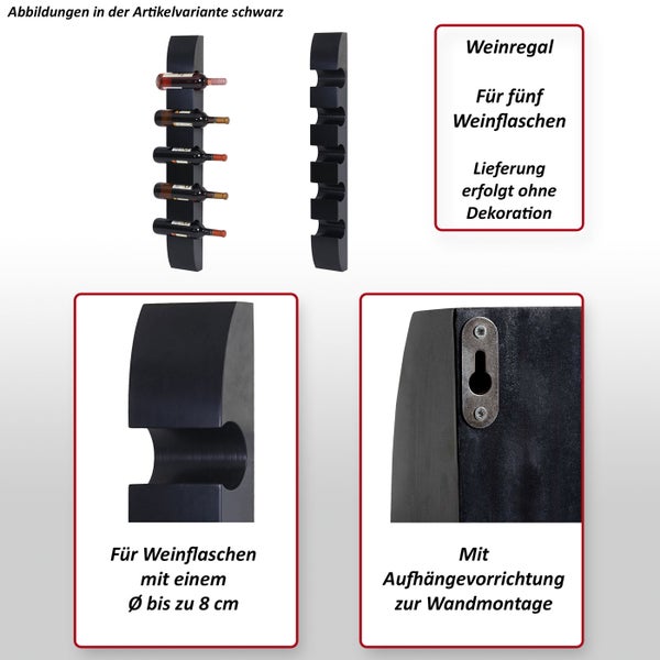 Weinregal für fünf Weinflaschen mit Wandmontage