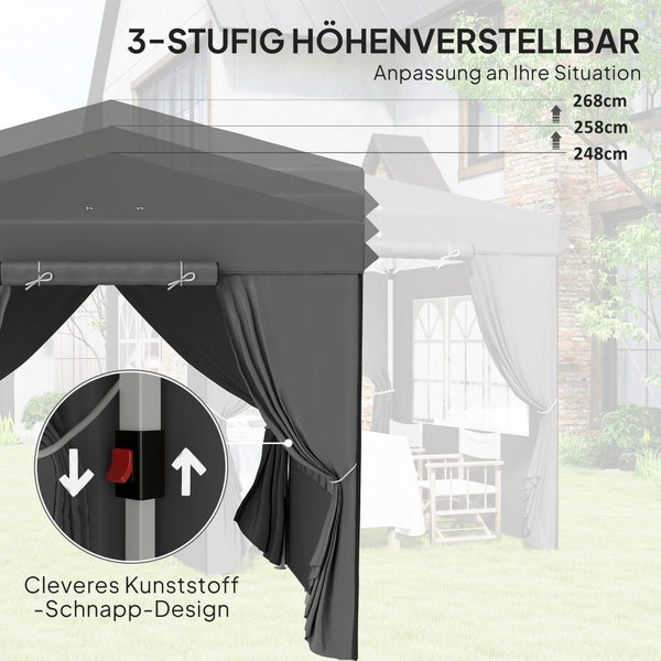 Outsunny Pavillon 2,5x2,5m, wasserabweisend Stabil Winterfest Pop-up Faltpavillon, UV Schutz 50+, Faltbar Partyzelt Gartenzelt mit 4 Seitenteilen Tasche Gartenpavillon für Camping Garten, Dunkelgrau