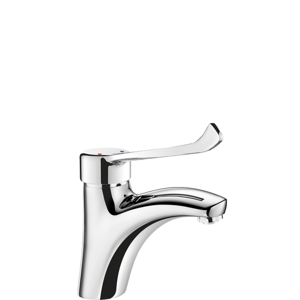 Einhebel Waschtischarmatur aus Metall mit langem Bedienhebel für barrierefreies Bad.