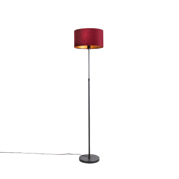 QAZQA - Landhaus I Vintage I Rustikal Stehleuchte I Stehlampe I Standleuchte I Lampe I Leuchte schwarz mit Veloursschirm rot mit Gold I Messing 35 cm - Parte I Wohnzimmer I Schlafzimmer - Stahl Zylind