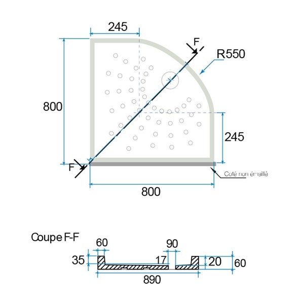 Technische Zeichnung einer Duschkabine mit Maßangaben