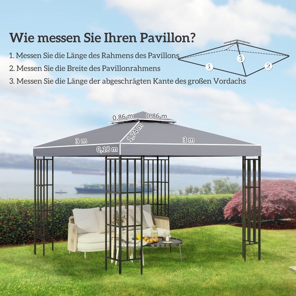 Infografik zum Messen eines Gartenpavillons aus Metall mit Angaben für Länge, Breite und Schrägkante in einem hellen Garten am Wasser.