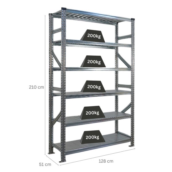 Metallregal mit fünf Ebenen und Gewichtsangaben