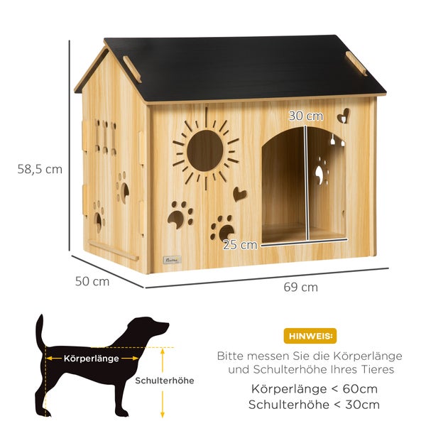 PawHut Hundehütte aus Holz Kleintierhaus mit Lüftungsöffnungen Hundehaus mit Dach Hundehöhle Indoor MDF Eiche+Schwarz 69 x 50 x 58,5 cm