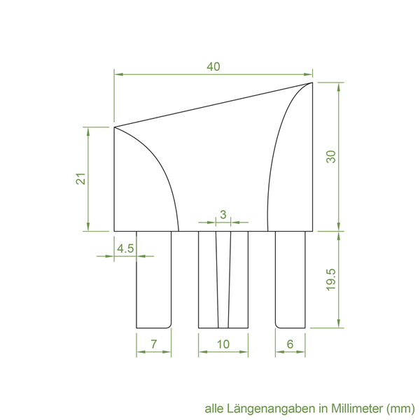 Technische Zeichnung mit Maßangaben in Millimeter eines Bauteils für den Möbelbau mit drei Befestigungszapfen.