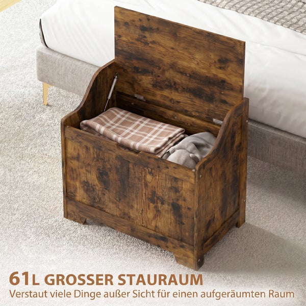 Holztruhe mit 61 Liter Stauraum für das Schlafzimmer mit klappbarem Deckel zur Aufbewahrung von Textilien und Decken.