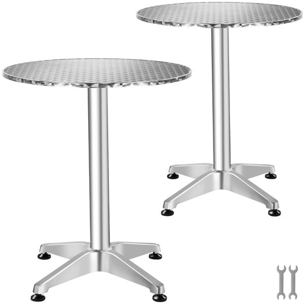 Zwei runde Bistrotische aus Aluminium mit strukturierter Tischplatte und stabilem Vierfuß-Gestell inklusive Montagewerkzeug.