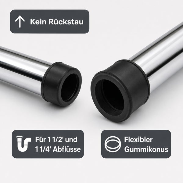Zwei verchromte Abflussrohre mit flexiblen Gummikonussen für eins einhalb und eins einviertel Zoll Abflüsse mit Rückstauschutz