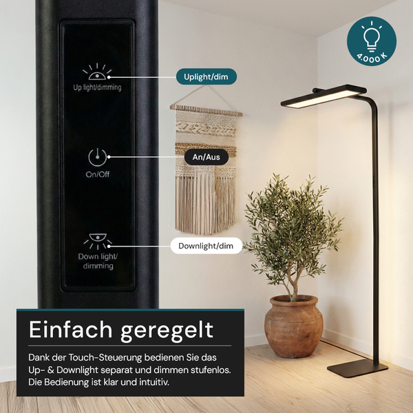 Schwarze Stehlampe mit Touch-Bedienung und einstellbarer Lichtstärke