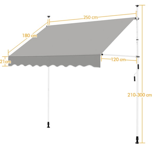 Freistehende Markise mit Maßen: 250 cm Breite, 180 cm Ausladung, 210 bis 300 cm Höhe.