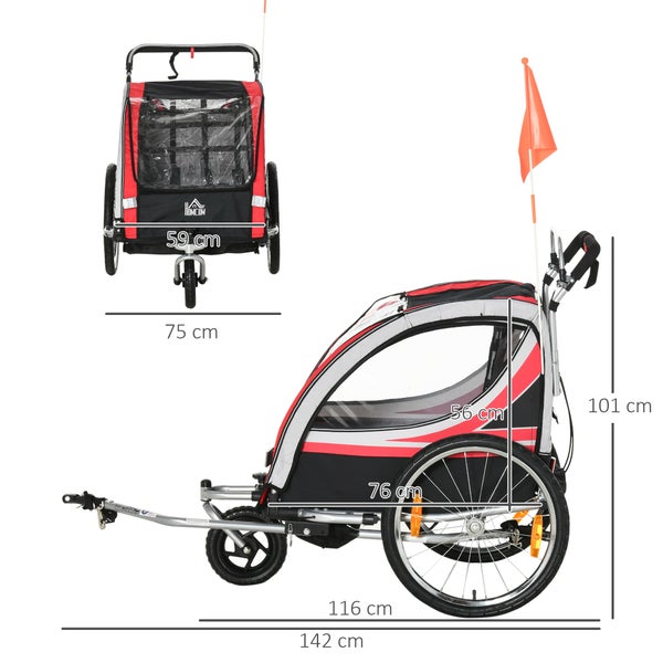 HOMCOM 2 in 1 Kinderanhänger klappbar Fahrradanhänger mit abnehmbarem Vorderrad, Hinterradbremsen, Kinderfahrradanhänger für 2 Kinder ab 18 Monate, bis 26,4 kg belastbar, Rot