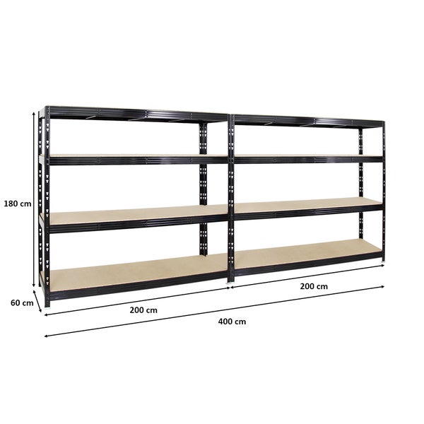 PROREGAL Mega Deal 2x Profi Schwerlastregal Rhino HxBxT 180 x 200 x 60 cm 4 Spanplatten-Ebenen 16mm Fachlast 500 kg Schwarz