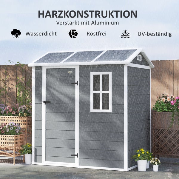 Outsunny Gerätehaus Kunststoff 2,1m² 186 x 130 x 199cm Geräteschuppen mit Satteldach Boden Fenster Abschließbarer Tür wetterfest Gartenhaus Outdoor Garten Schuppen für Hinterhof Grau